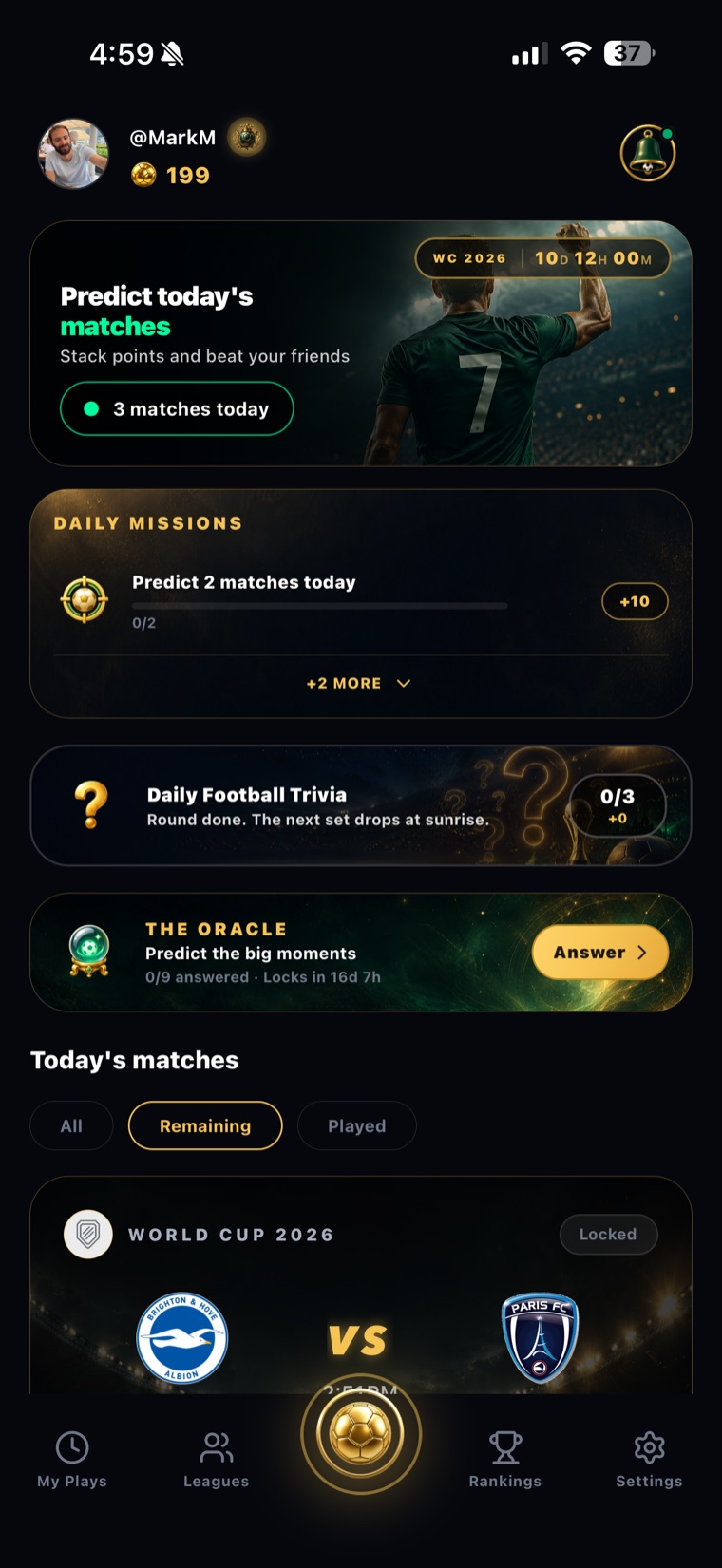 The Goolak home screen: predict today's matches, daily missions and the Oracle